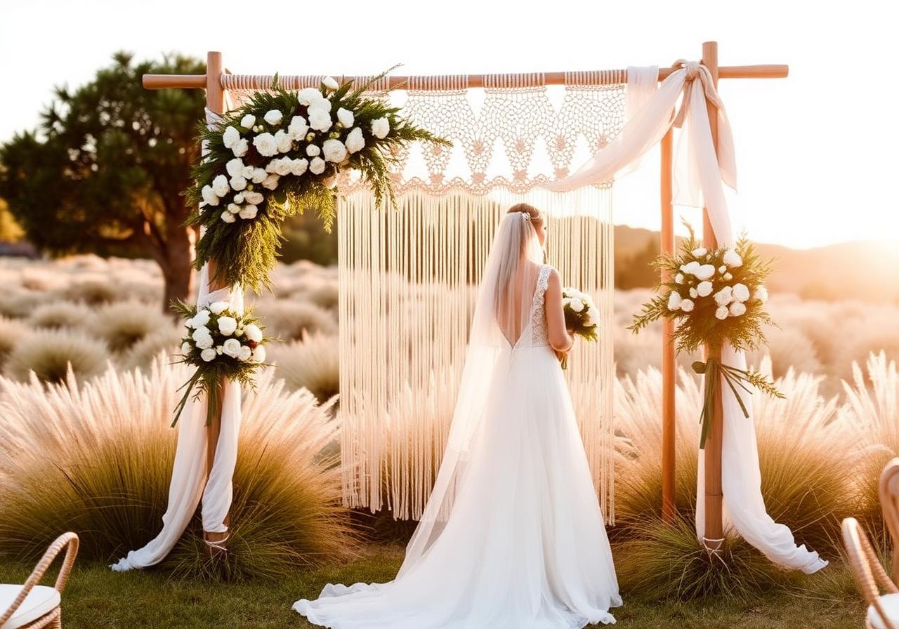 Boho wedding ceremony with macrame arch